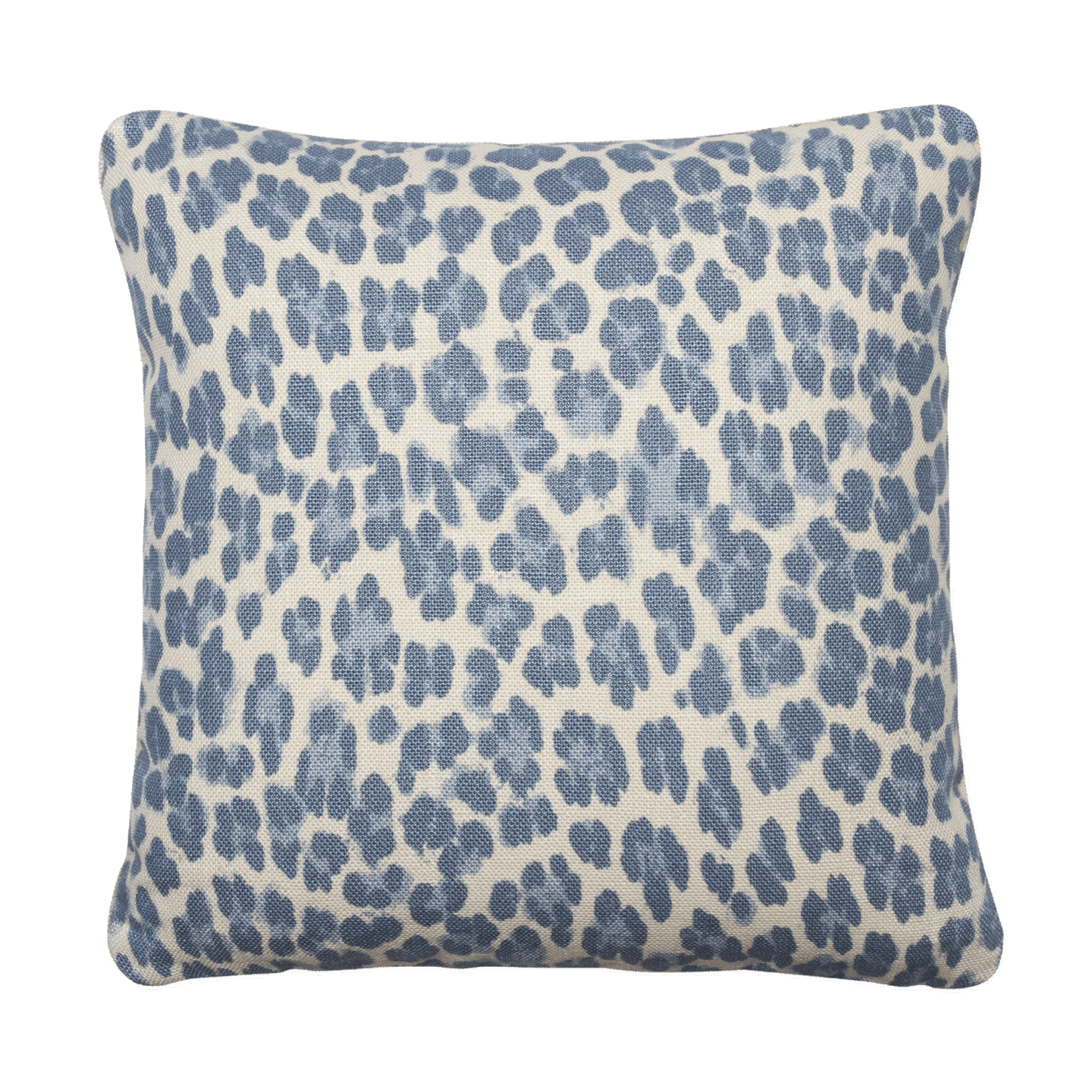 Crisp light blue leopard print pillow on 100% linen, with an ivory white Belgian linen back, featuring knife-edge finishing.
