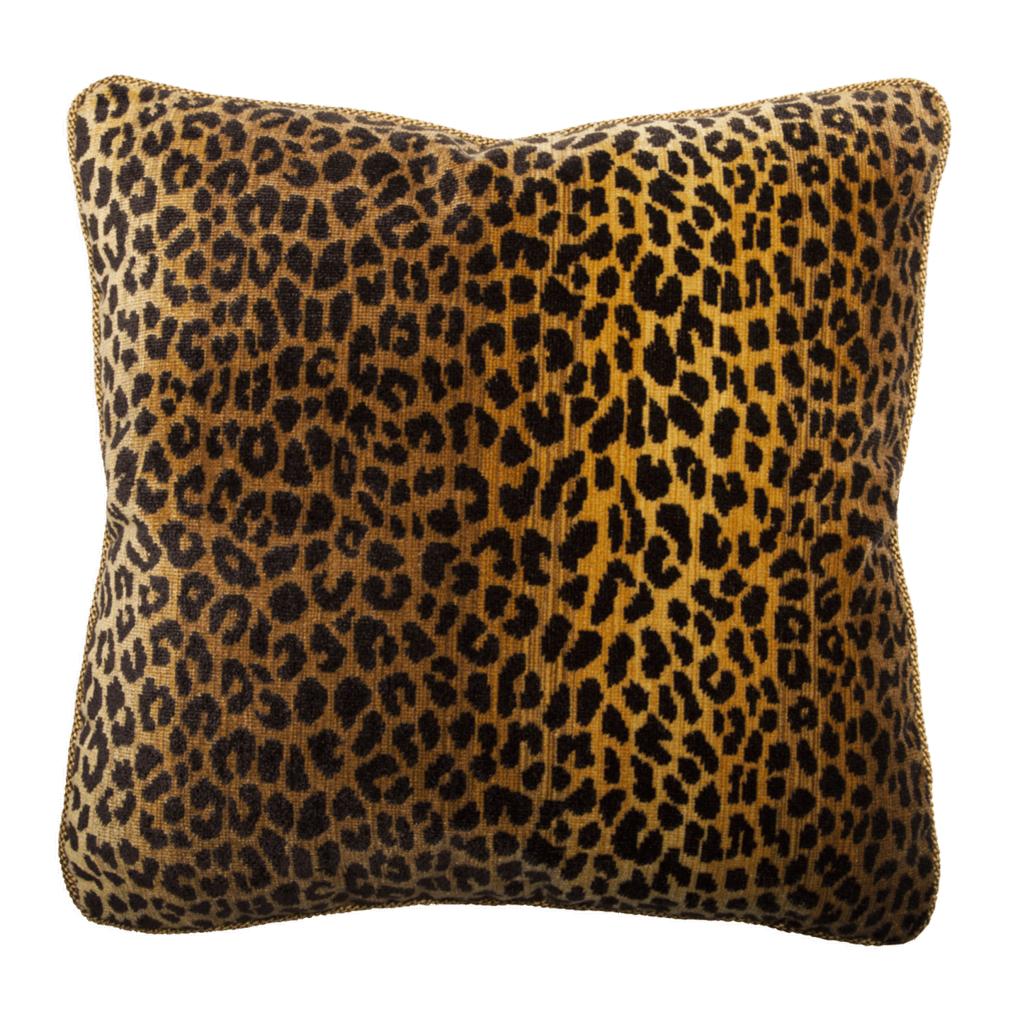 Luxurious Clarence House Kalahari Leopard pillow with cotton/viscose velvet front, featuring a bold leopard print.