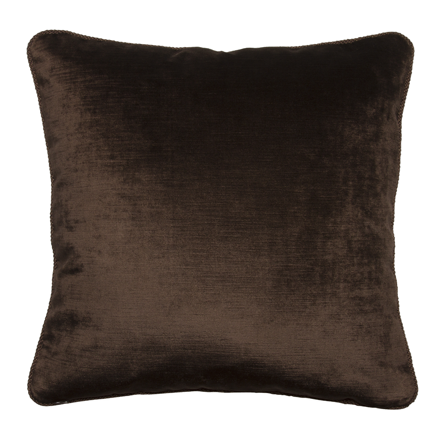 The pillow back in rich espresso-colored velvet, trimmed with a 1/4” braided espresso cord, adding a refined detail.
