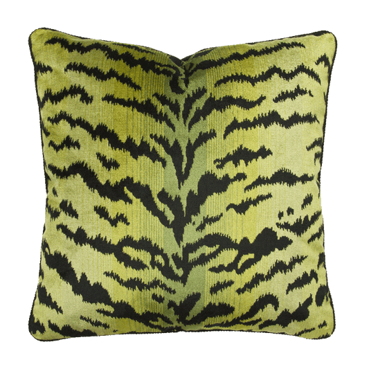 Bold tiger print in green and black on viscose velvet, featuring a modern design with 1/4” black braided cord trim.