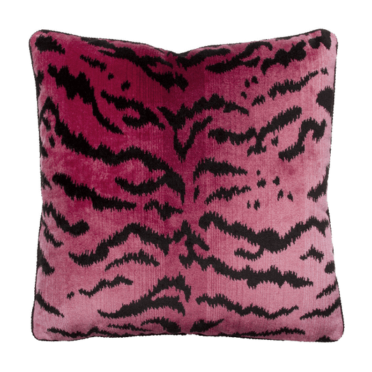 Bold pink tiger print in viscose velvet with solid black stripes, creating a striking and modern design.