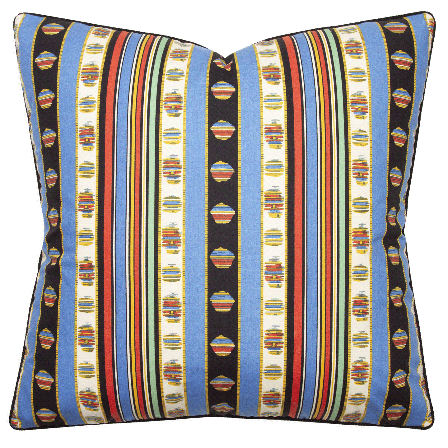 Pillow cover with cornflower blue, salmon, green, and black stripes on 100% cotton percale with black braided cord trim.