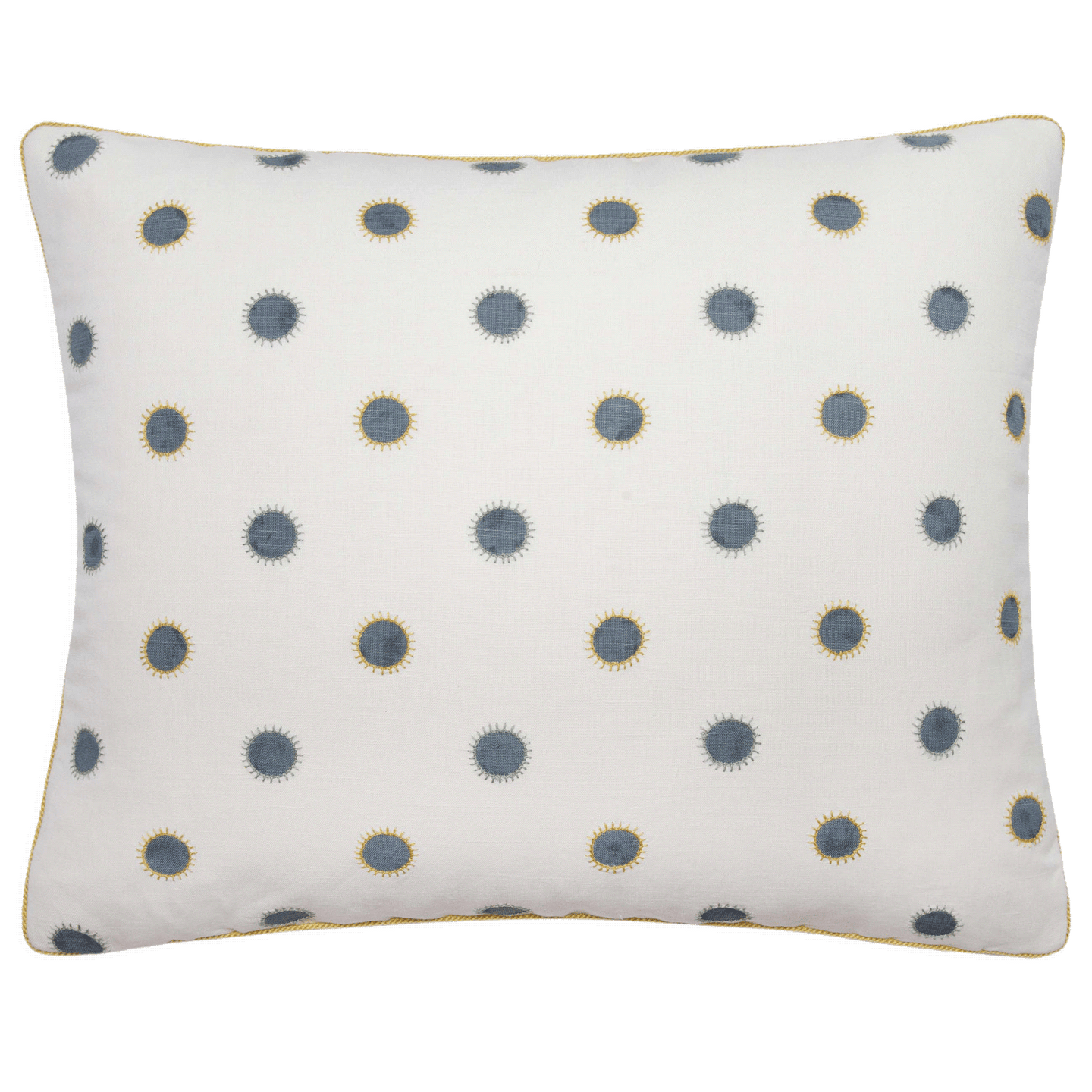 Chelsea Textiles pillow in indigo and sun, 16” x 20”, with hand-embroidered rays and sunny 1/8” cord trim.