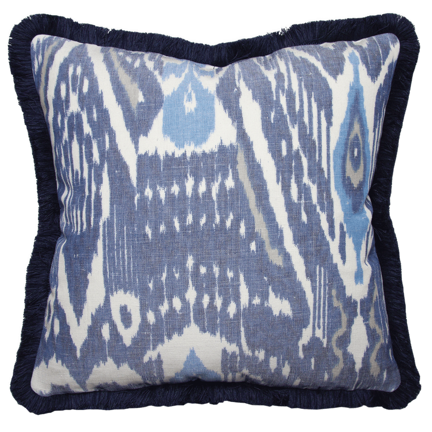 Navy blue, cornflower, clay, and ivory warp-printed ikat pillow with navy fringe, double-sided, 100% cotton-linen blend.