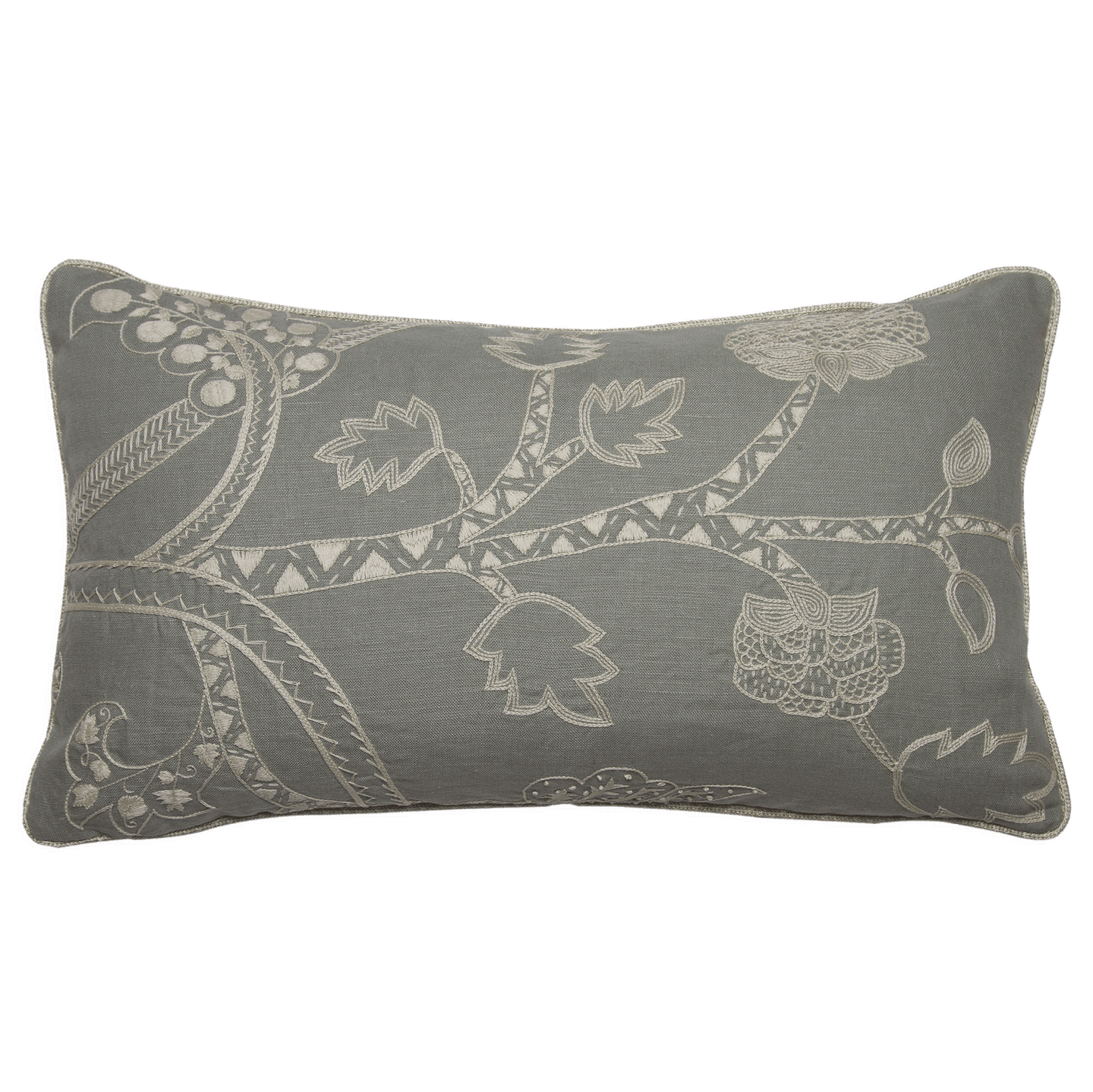 Hand-embroidered Tree of Life pillow on celadon linen with ivory cord. Double-sided, unique designs on each side.