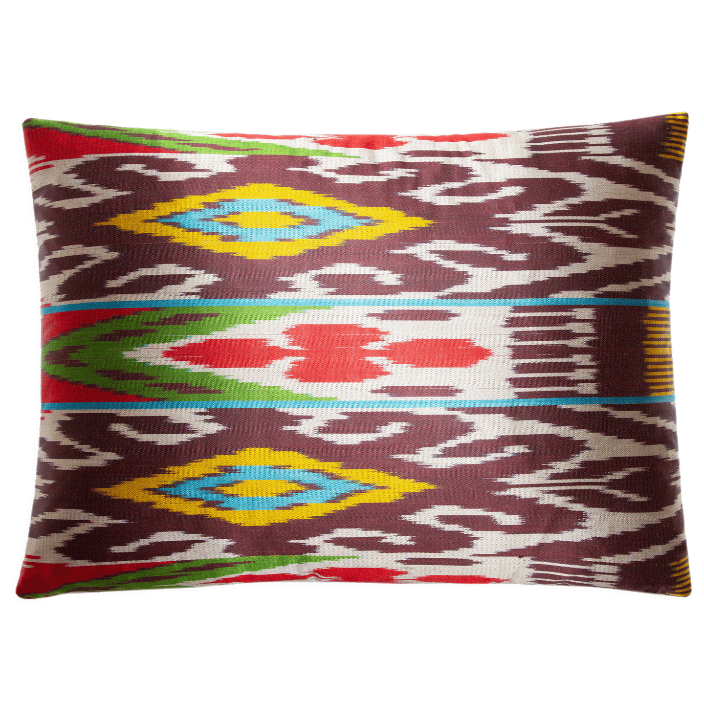 Multicolored silk ikat pillow in magenta, saffron, aubergine, and green on ecru. Size: 13” x 18”.