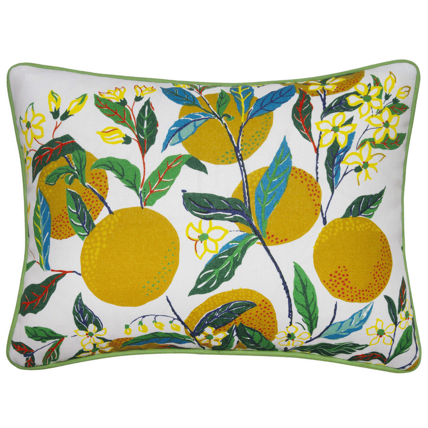 12x16 inch Schumacher ‘Citrus Garden’ pillow with vibrant print on polyester suitable for outdoor use.