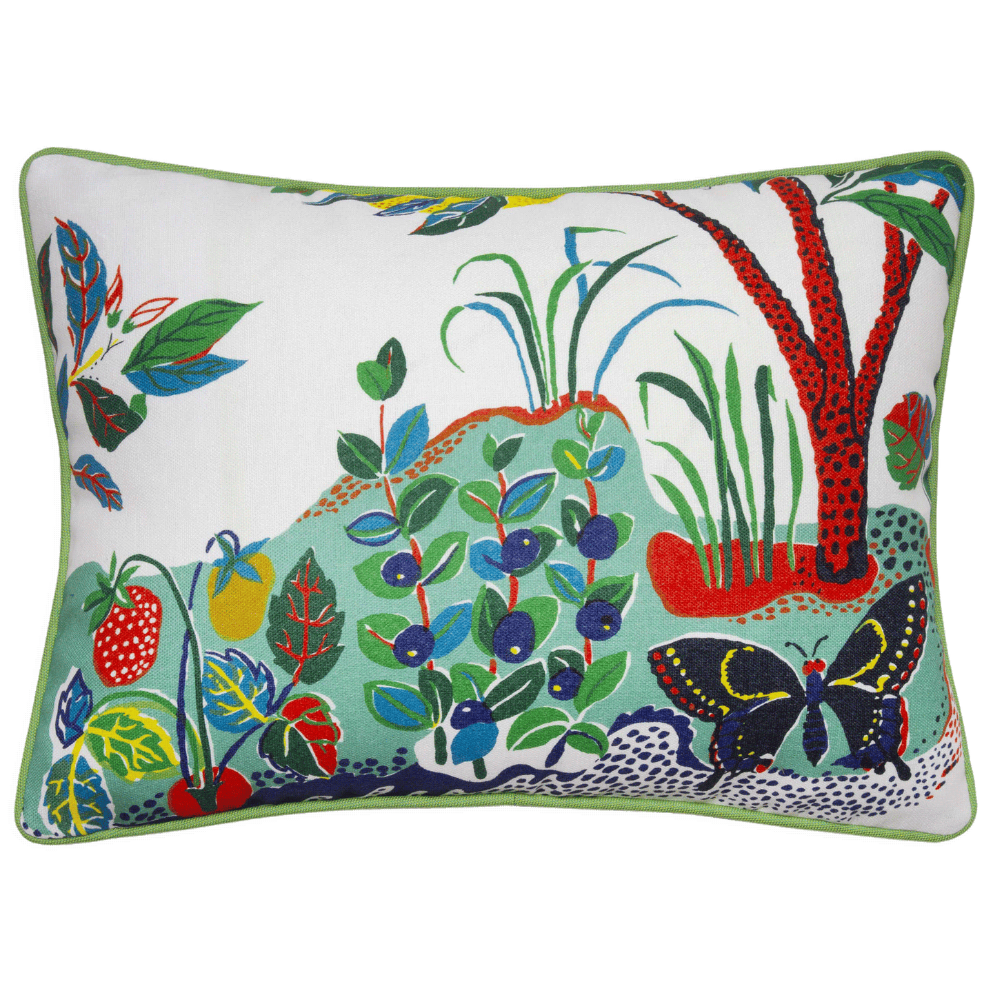 Schumacher’s ‘Citrus Garden’ pillow, 12x16 inches, features vibrant print on polyester with a solid green back for outdoor use.