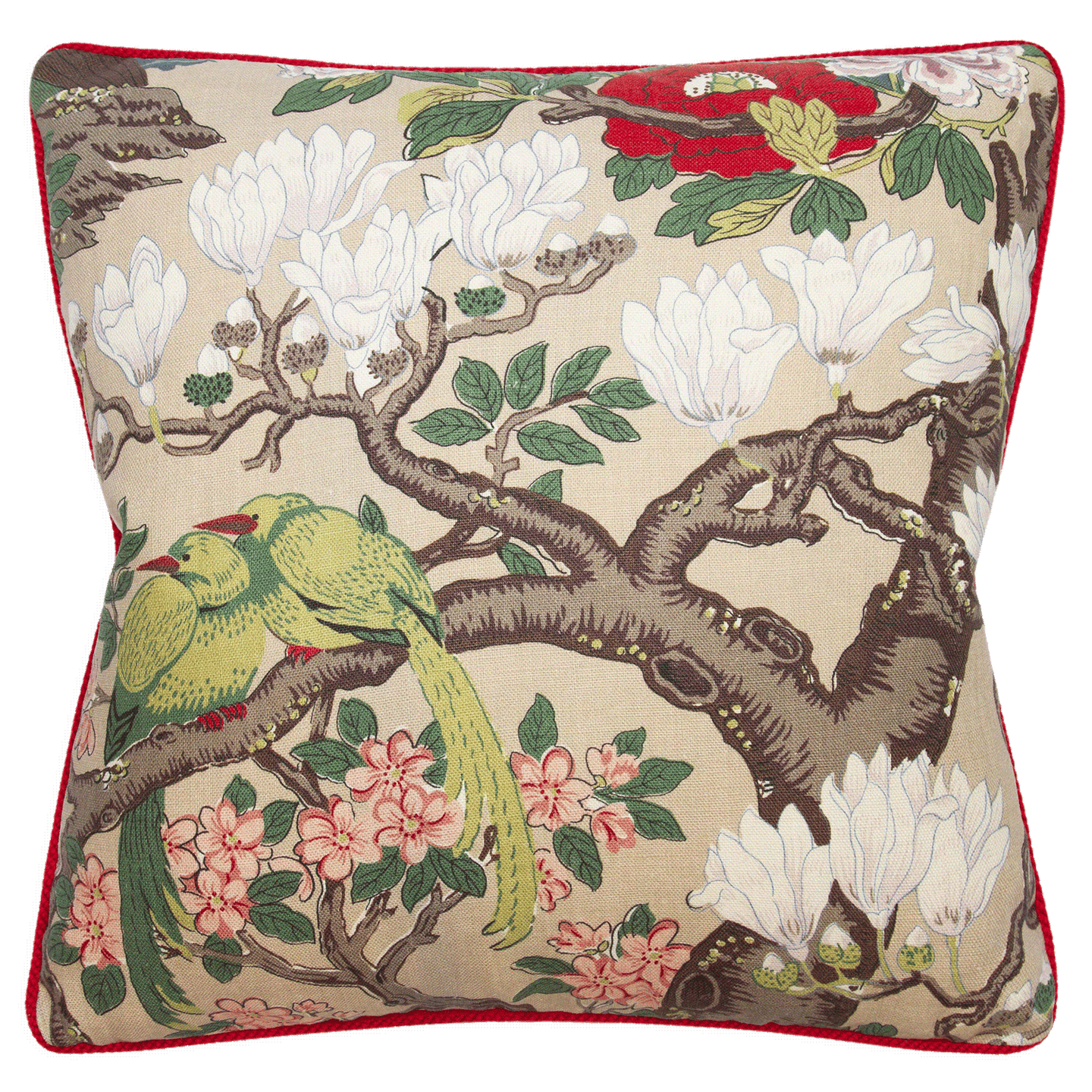 Pillow with vibrant ‘Rockbird Signature’ chinoiserie print on linen, trimmed with a 1/4” scarlet contrast cord.