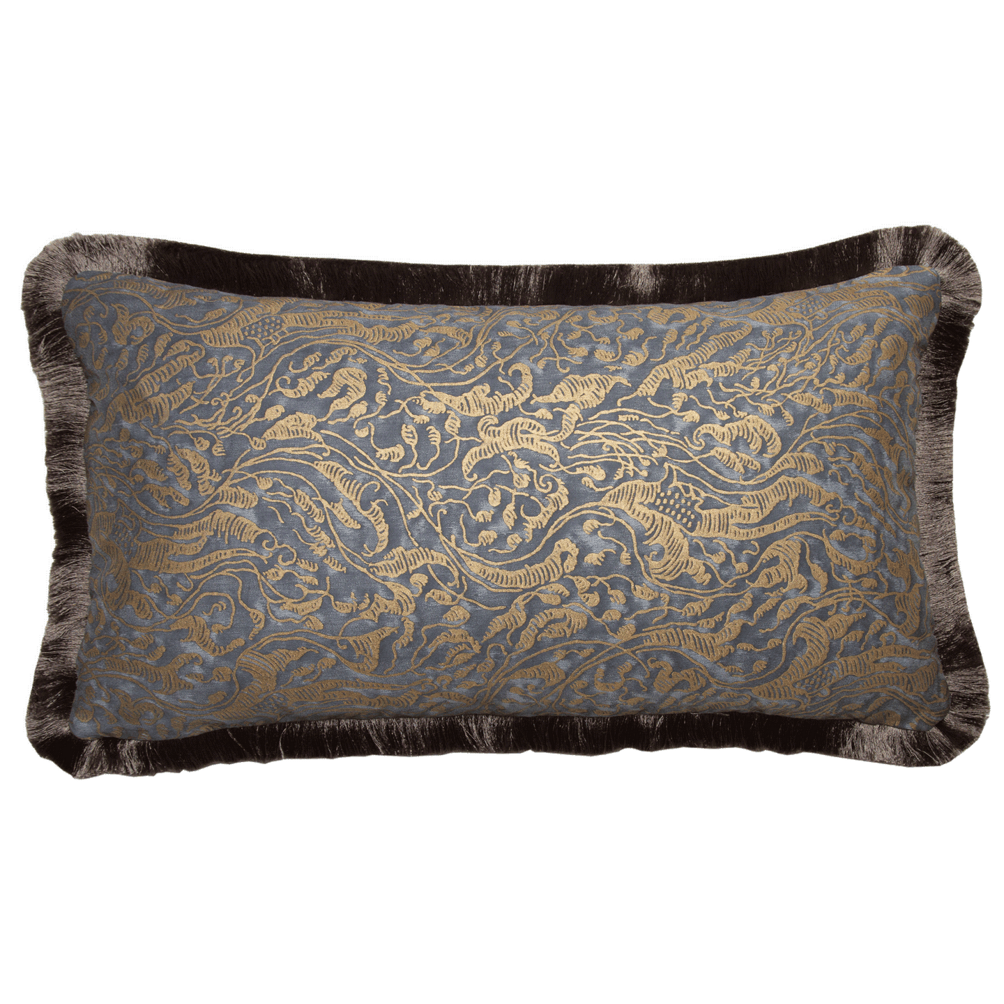 Back of Fortuny Leopardi pillow in indigo cotton with gold print, double-sided with silvery-gold and gray brush fringe, elegant design.