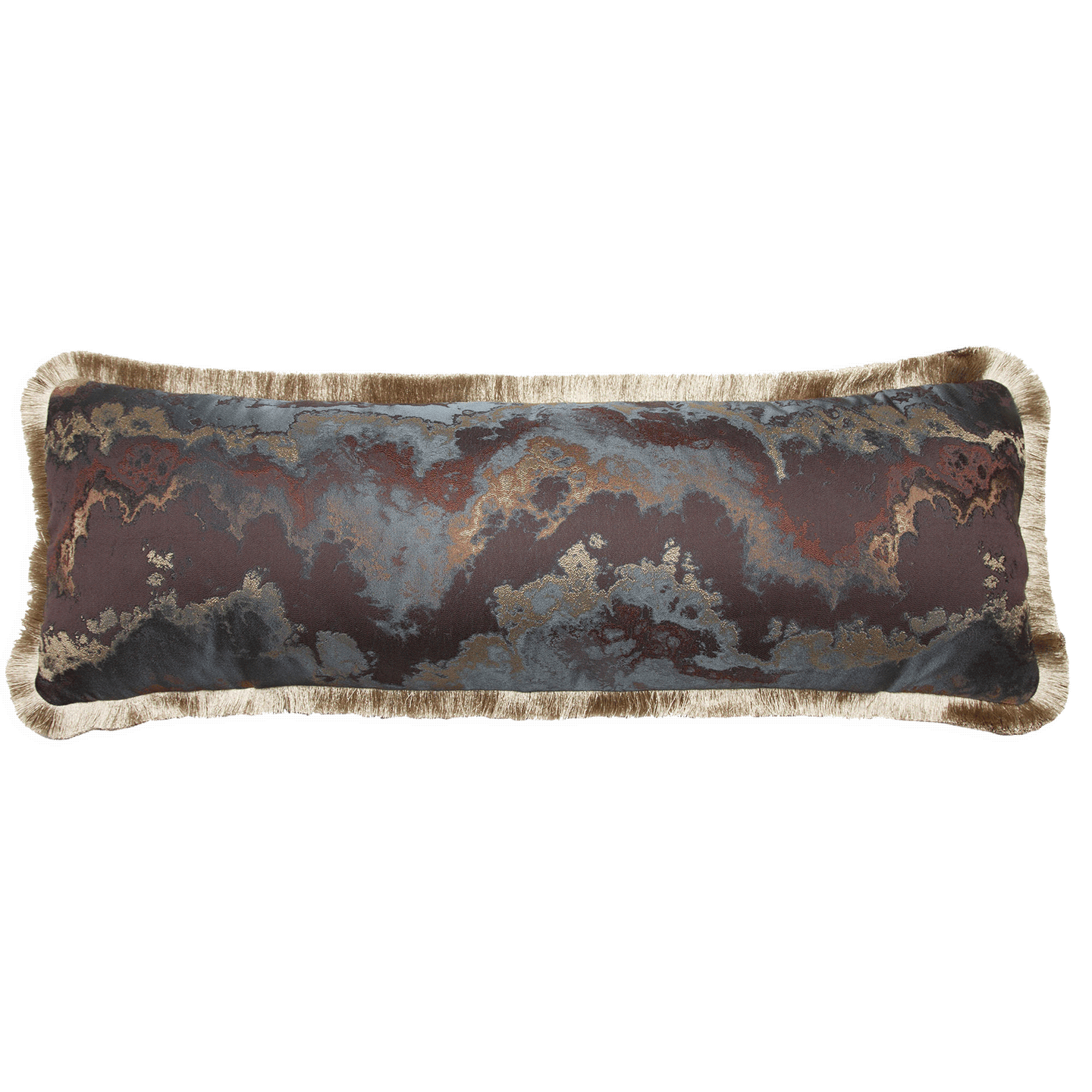 Woven fabric pillow with cerulean, silver, copper, and burgundy hues. Ombre brush fringe. 80% down insert with zipper