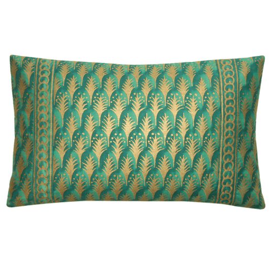 Fortuny Piumette pillow in emerald and gold, 11” x 16”, with natural linen back and hidden zipper.