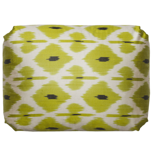 Handwoven lime silk ikat pillow, 14x18 inches, with v-pleat Turkish corners, made in Uzbekistan with blind seams.