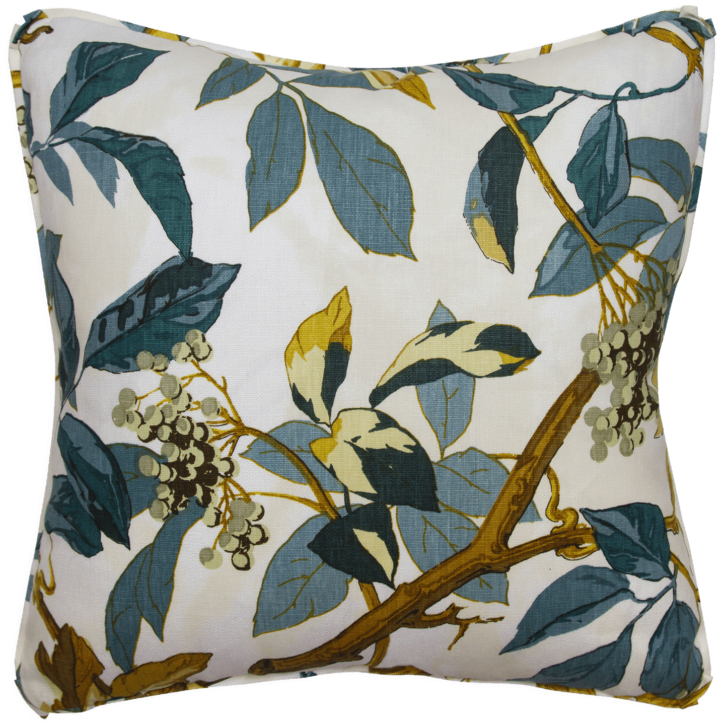 20x20 Jasper Scarlet Vine pillow in cyan, saffron, and espresso on linen, double-sided with self-flange and butterfly corners.