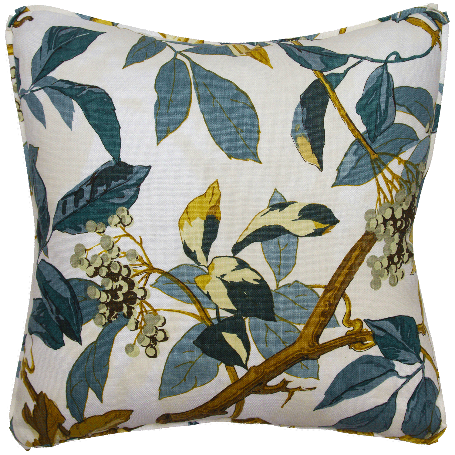 20x20 Jasper Scarlet Vine pillow in cyan, saffron, and espresso on linen, double-sided with self-flange and butterfly corners.