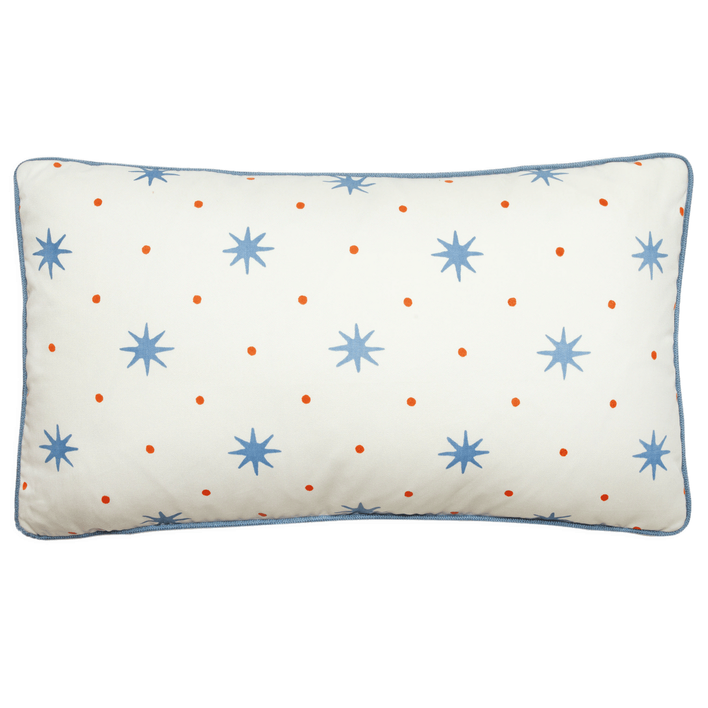 Serendipity pillow with star and dot pattern in sky blue and orange, contrast blue trim, 14” x 24” cotton fabric.