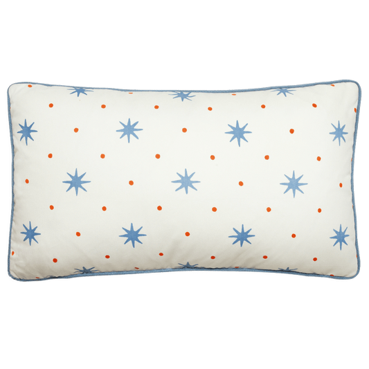 Serendipity pillow with star and dot pattern in sky blue and orange, contrast blue trim, 14” x 24” cotton fabric.