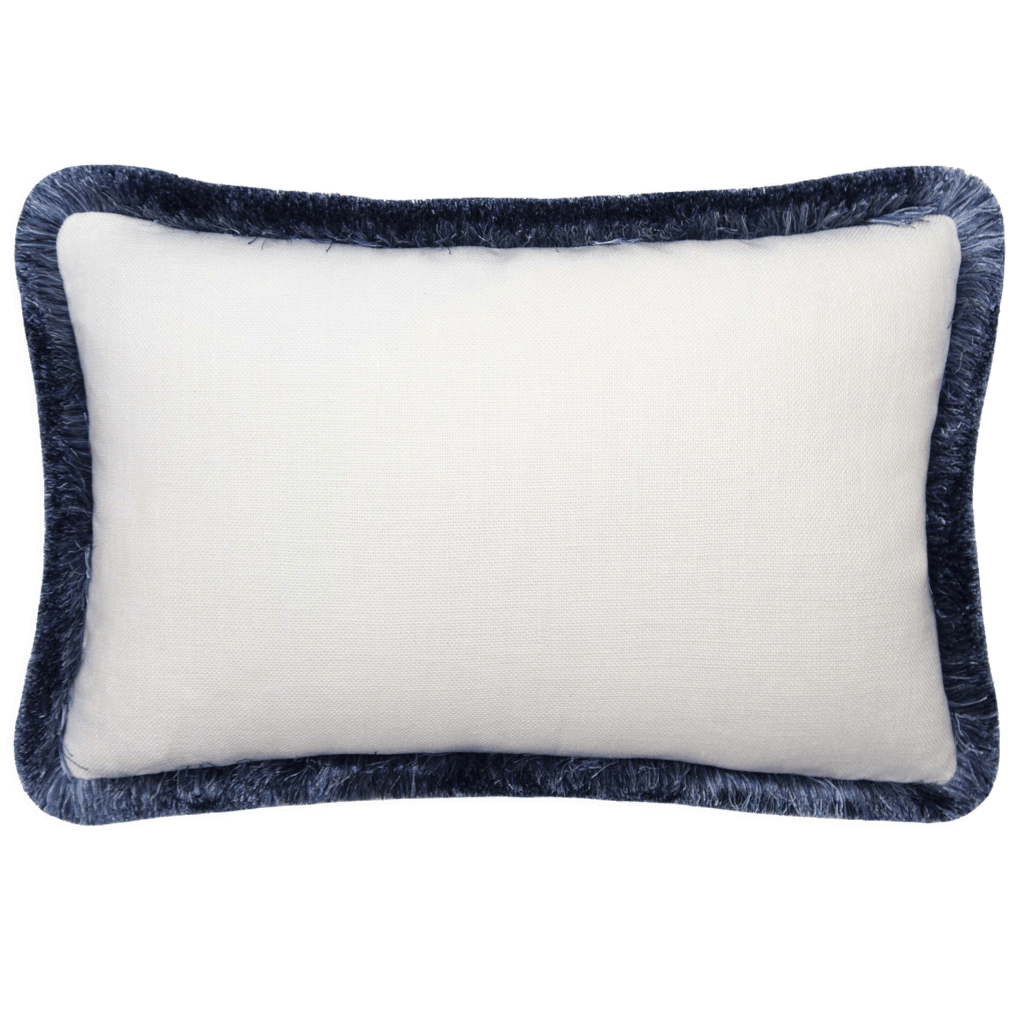 Oyster colored linen back detail of Nina Campbell pillow, 14” x 21”, with painterly print front and blue brush fringe trim.