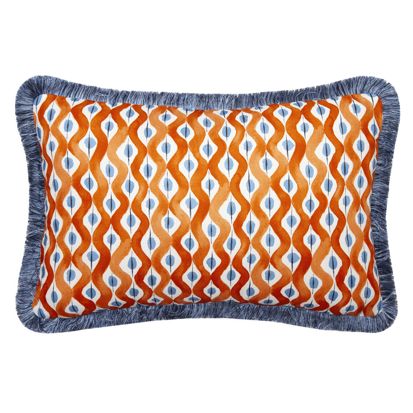 Nina Campbell pillow, 14” x 21”, with painterly print front, oyster Belgian linen back, and blue brush fringe trim.