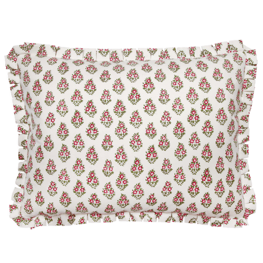 Black Indian-inspired floral print pillow on cotton, 18” x 24”, with a tailored 1” pleat and an invisible zipper.