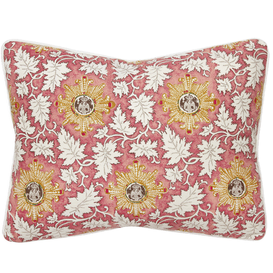 Raoul Textiles ‘Marco’ pillow in Rouge linen, 14” x 18”, starburst and leaves design, Belgian linen back in pink.
