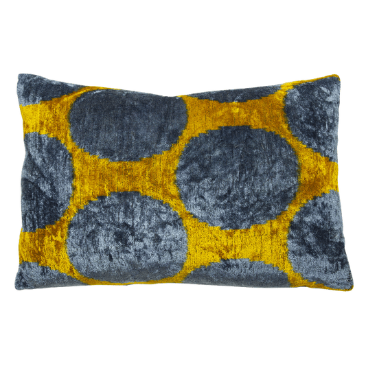 Vibrant saffron and cornflower polka dot ikat pillow in hand-woven silk velvet, double-sided with blind seams.