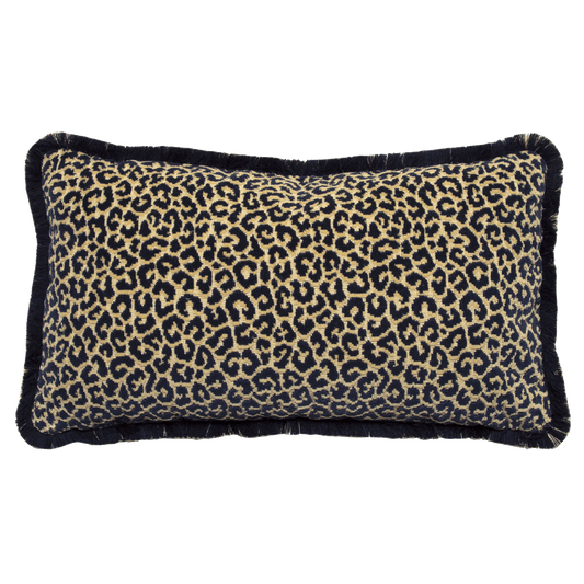 Midnight blue and sand Scalamandre cut velvet animal print pillow, double-sided with midnight and light sand brush fringe.