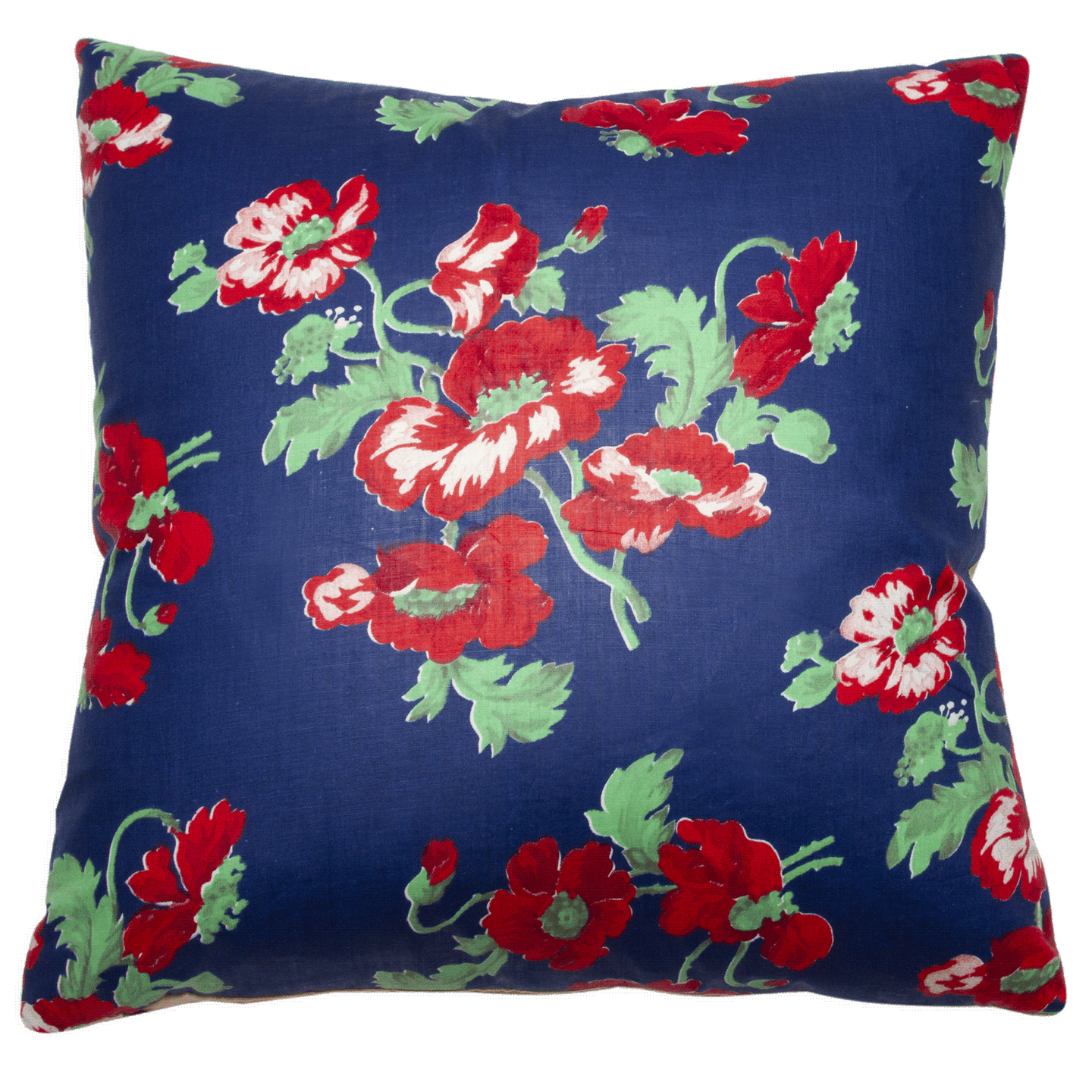 Regi Red Poppy and Cobalt pillow with handwoven ikat fabric, reversible, 20x20 inches, vintage Russian fabric back.