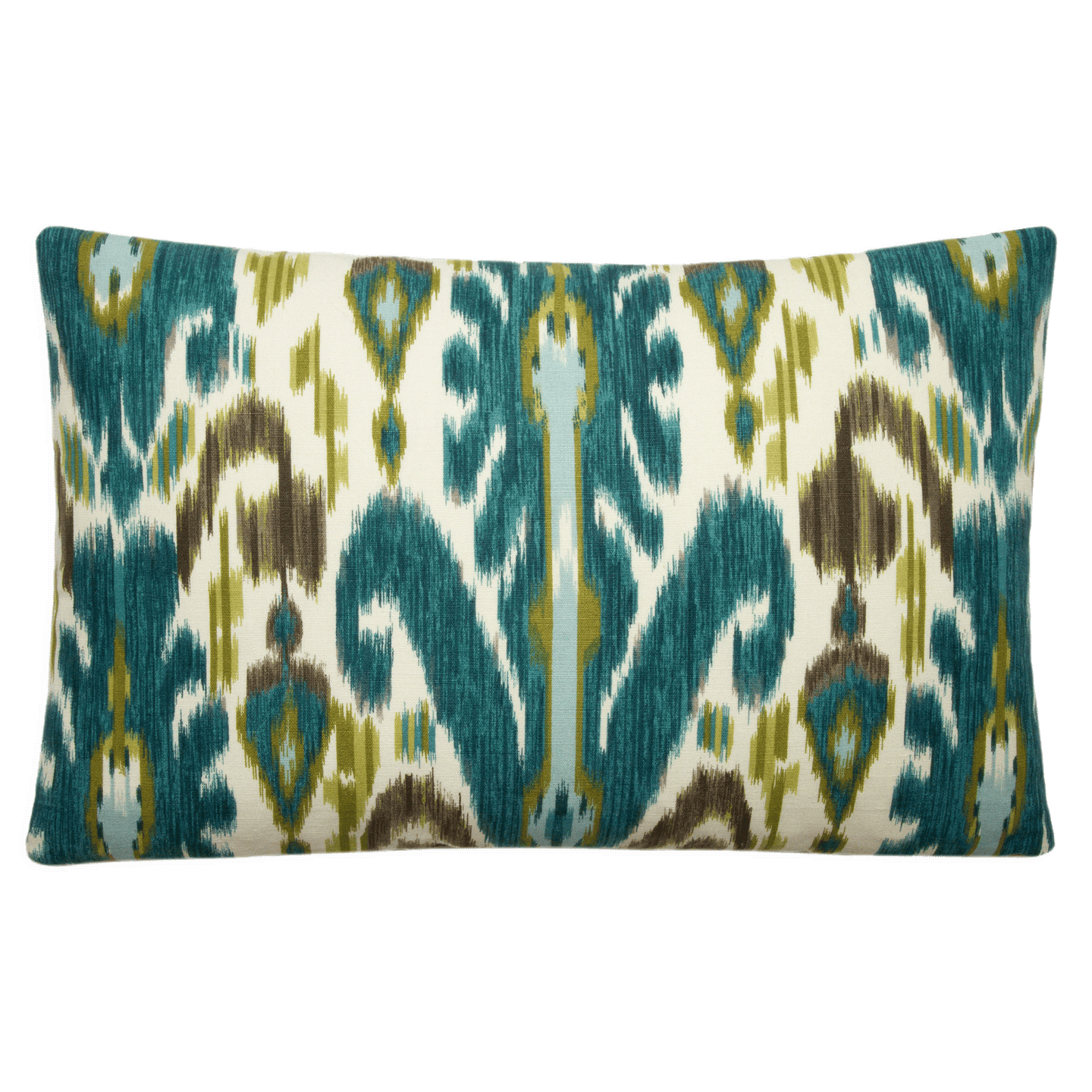 Teal, chartreuse, and espresso ikat pattern on cotton with a natural Belgian linen ground, creating a striking contrast.