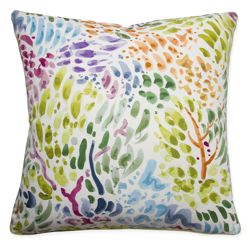 Clarence House Sole pillows with watercolor strokes, abstract trees, in cotton/linen or stain-resistant fabric, 20 x 20 inches.