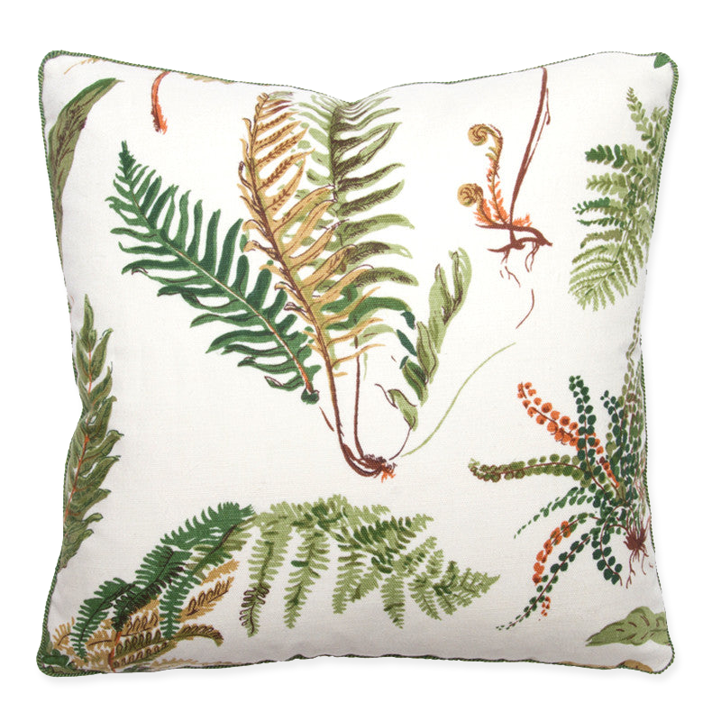 “Les Fougeres” pillow cover with fern-leaf design in green on ivory 50% cotton/50% linen, trimmed with spring green cord.