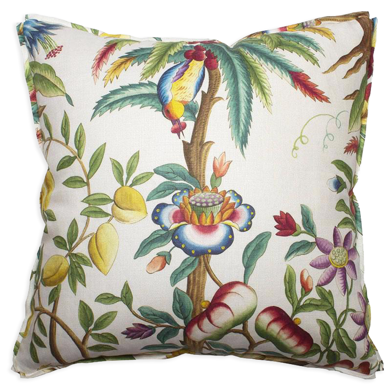 Painterly flora and fauna print on oyster linen pillow, double-sided with 3/8” self-flange and butterfly corners.