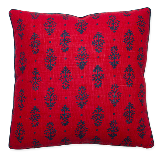 10x16 and 14x24 pillows with indigo flower motif on red linen, indigo cord trim, and backing. 80% down/20% feather insert.