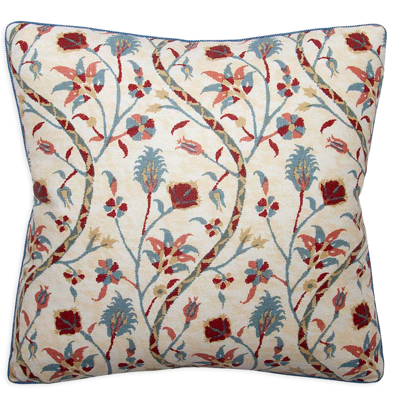 Pillow in Carolina Irving’s Kandyli fabric, rose and blue on linen, with cornflower blue cord. Available in 18x18 and 11x16.