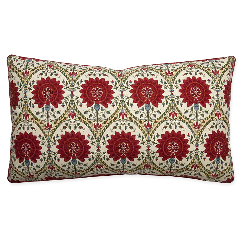 Double-sided pillow in Indiennes style, 14x24, with Pompeian Red cord, printed on 100% cotton, invisible zipper included.