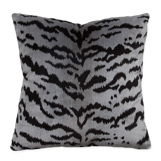 Scalamandre Silver Tiger Velvet pillow featuring a luxurious tiger print in silvery gray-blue hues with solid black stripes.