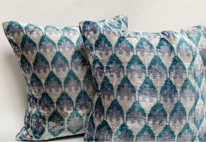 Mushroom Violet and Teal Silk Velvet Ikat