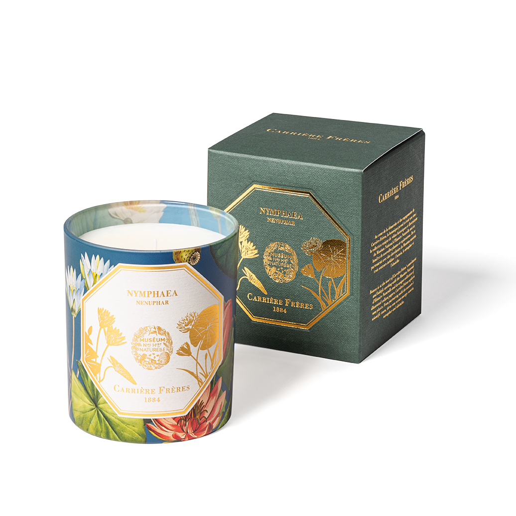 Carrière Frères Waterlily candle and box, 6.5 oz, with 45-50 hours burn time, in a 3.5” H x 3” D glass jar. Crafted in France.