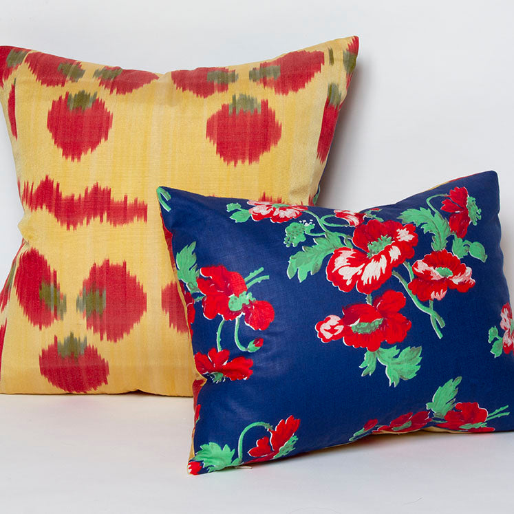 Front and back versions of Regi Red Poppy and Cobalt pillow with handwoven ikat fabric, reversible, 20x20 inches, vintage Russian fabric back.