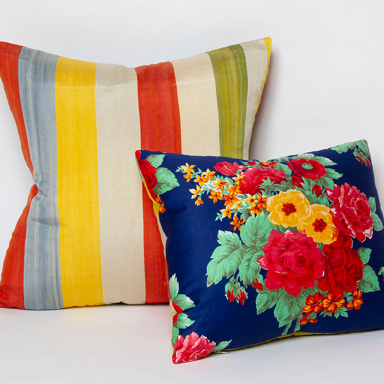 Front and back of Felix Scarlet Rose and Azure ikat pillow, reversible with vintage Russian fabric, handwoven in 14x18 and 20x20 sizes.