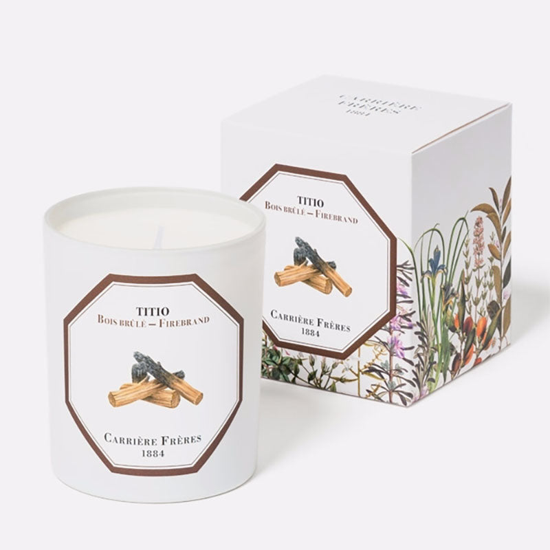 Carrière Frères Cedar Candle and box, 6.5 oz, earthy fresh scent, 3.5” H x 3” D glass jar, burns for 45-50 hours, made in France.