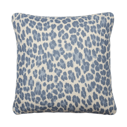 Crisp light blue leopard print pillow on 100% linen, with an ivory white Belgian linen back, featuring knife-edge finishing.