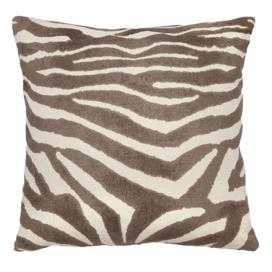 Clarence House Brown Zebra pillow with a crisp brown leopard print on 100% linen, woven in Italy, and knife-edge finishing.