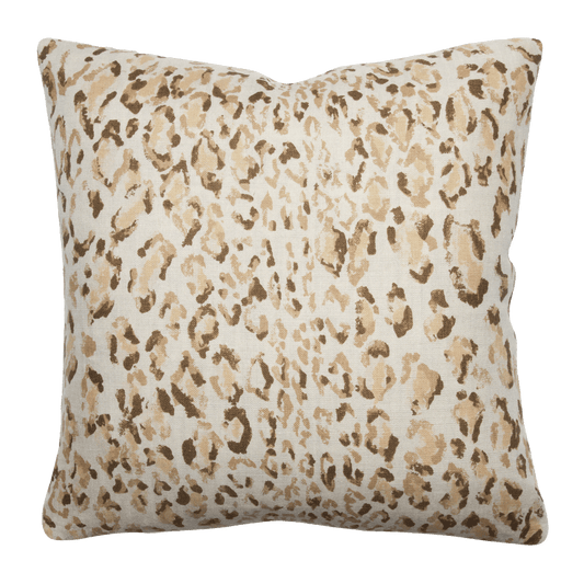 Playful and elegant leopard print pillow in crème tones by Rose Cumming, made from 100% linen with knife-edge finishing.