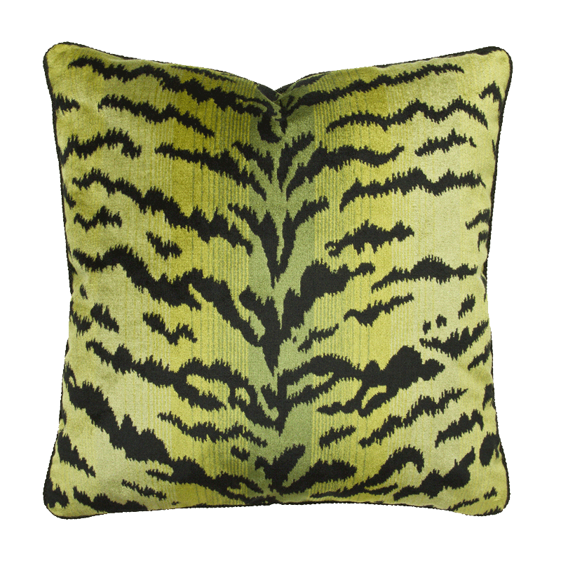  Bold tiger print in green and black on viscose velvet, featuring a modern design with 1/4” black braided cord trim.