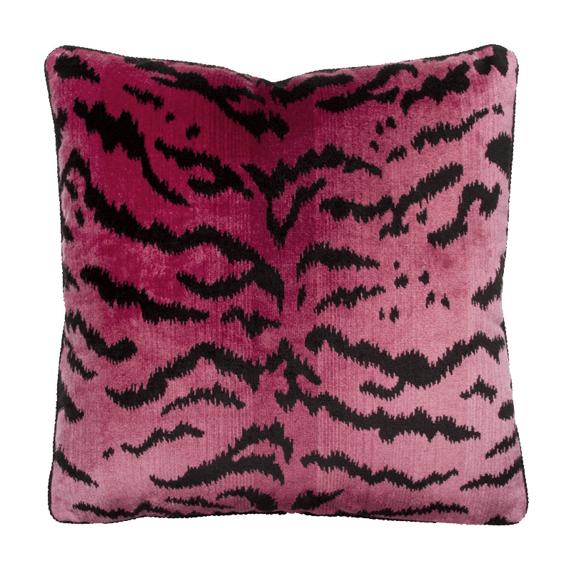 Bold pink tiger print in viscose velvet with solid black stripes, creating a striking and modern design.