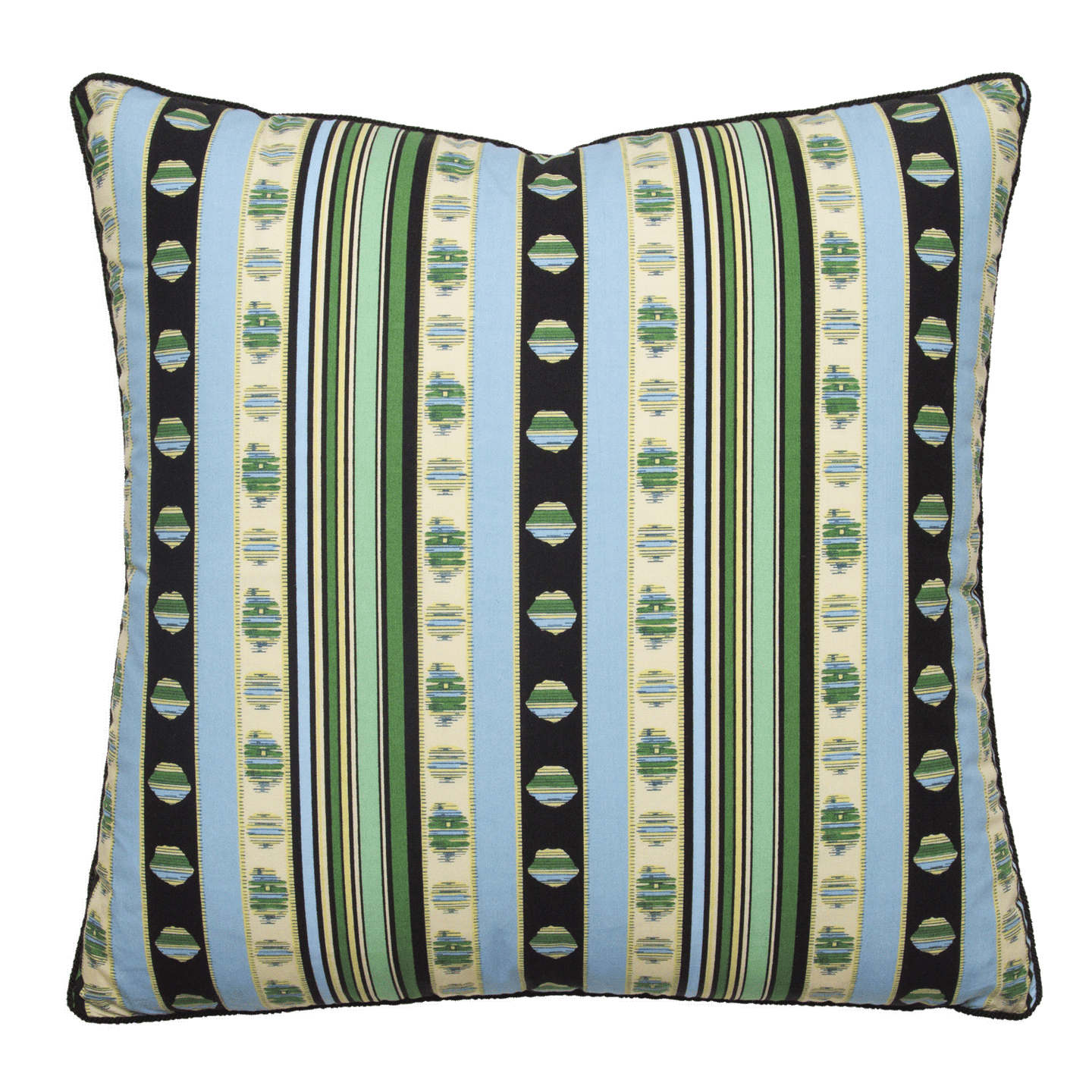 Rayure Cachemire pillow cover with blue, green, and black stripes on 100% cotton percale with black braided cord trim.