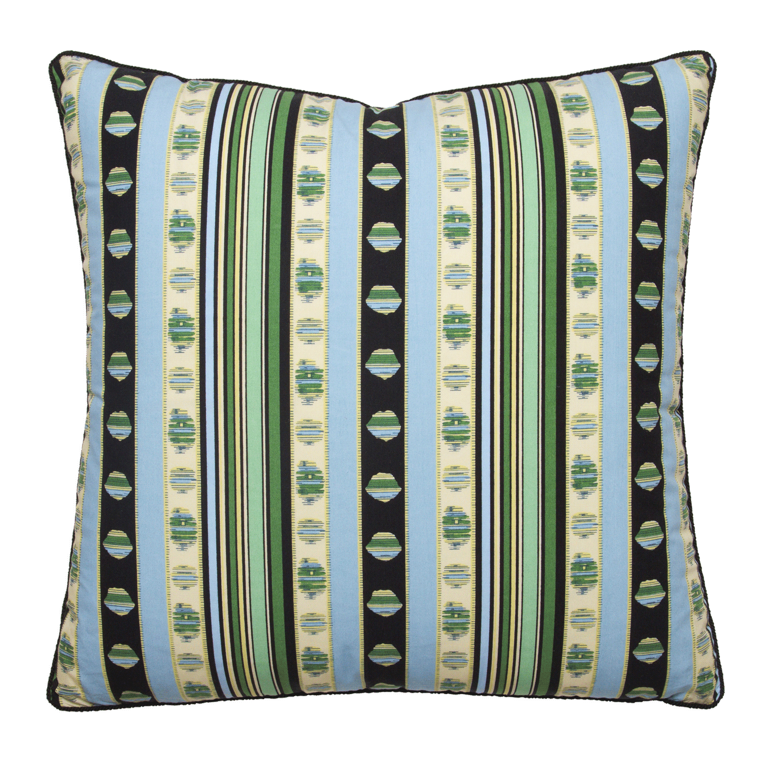 Rayure Cachemire pillow cover with blue, green, and black stripes on 100% cotton percale with black braided cord trim.