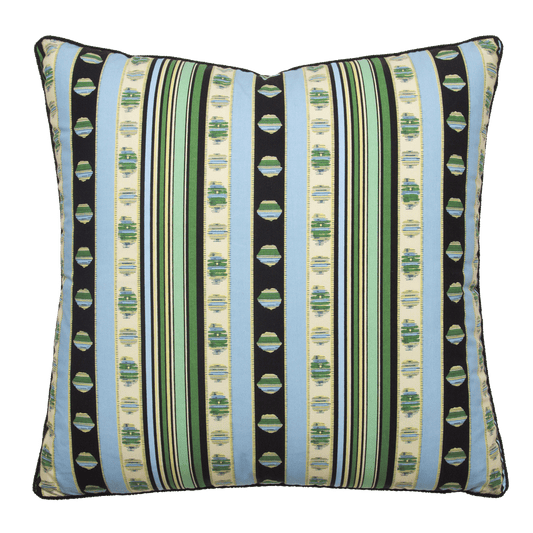 Rayure Cachemire pillow cover with blue, green, and black stripes on 100% cotton percale with black braided cord trim.