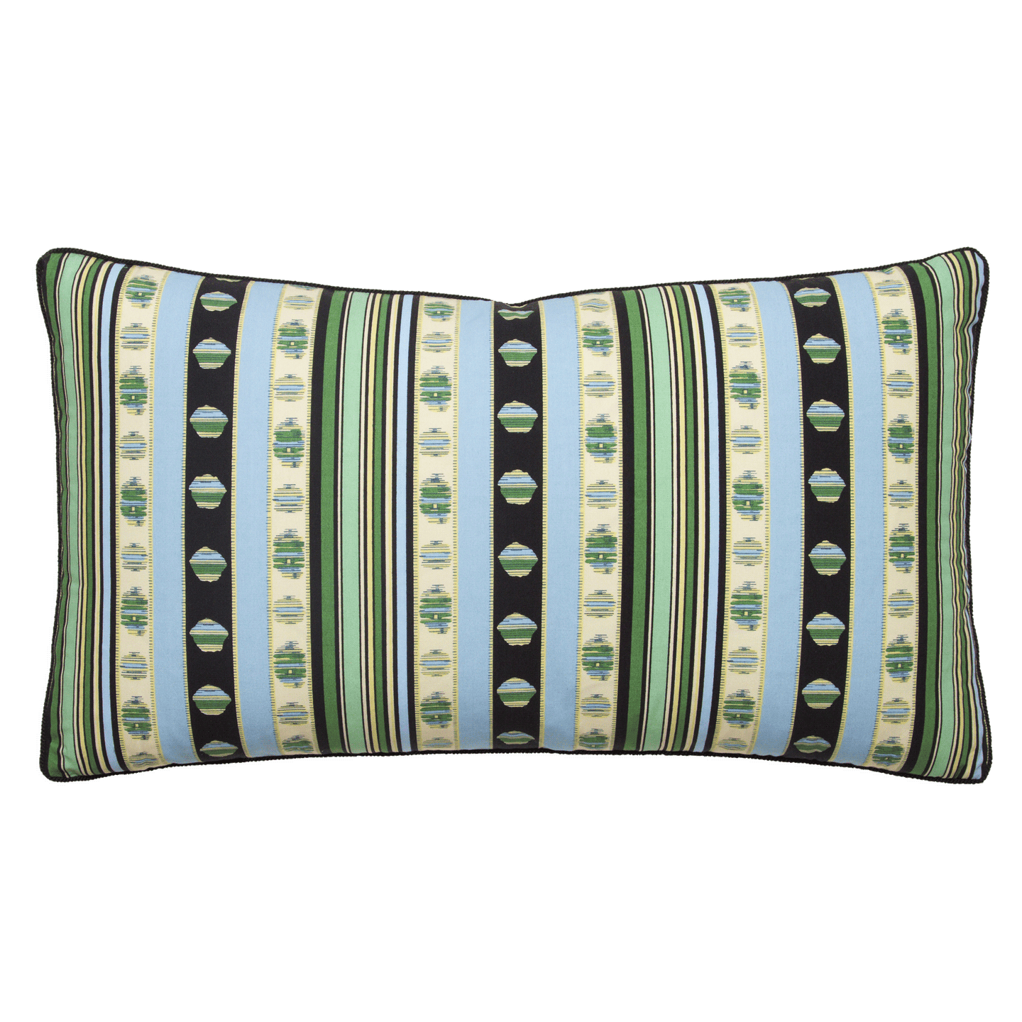 Rayure Cachemire pillow cover with blue, green, and black stripes on 100% cotton percale with black braided cord trim.